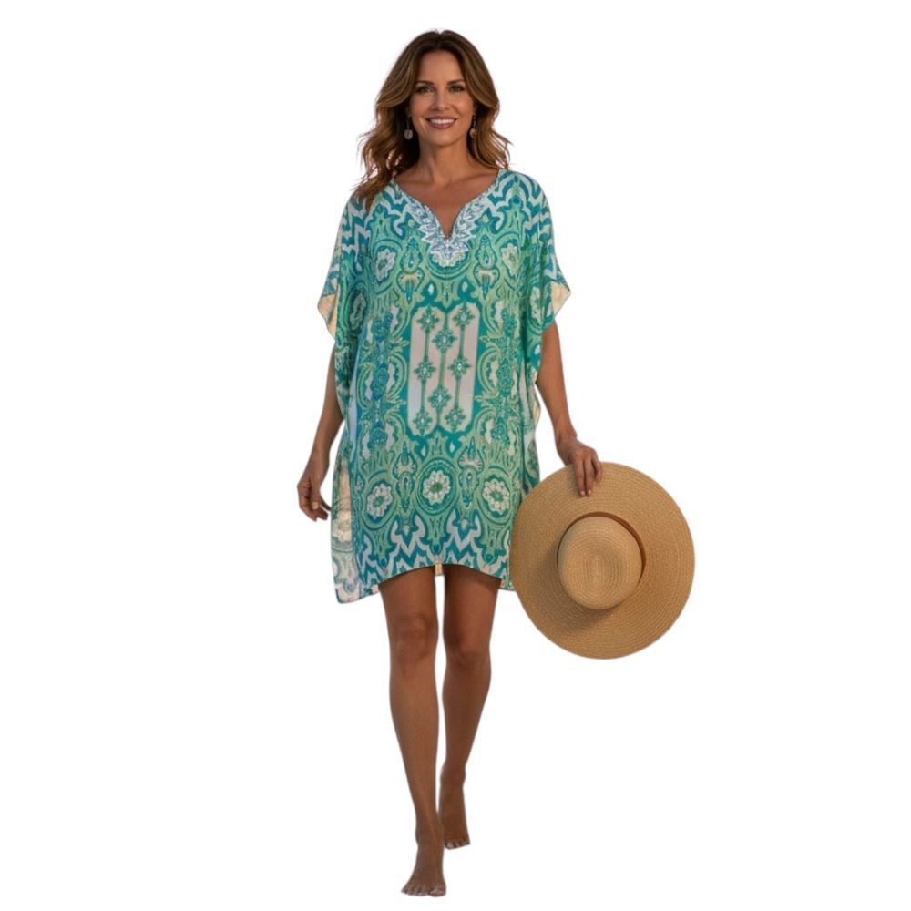 Bob Mackie Wearable Art Green/Blue Moroccan Print Sheer Kimono